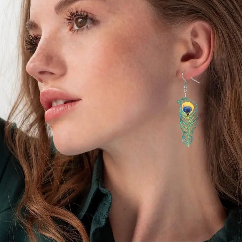 Peacock Feather Wooden Dangle Earrings